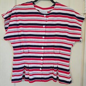 Innervisions 6 Vintage Nautical Red Black White Button Down Crew Neck Capped Top